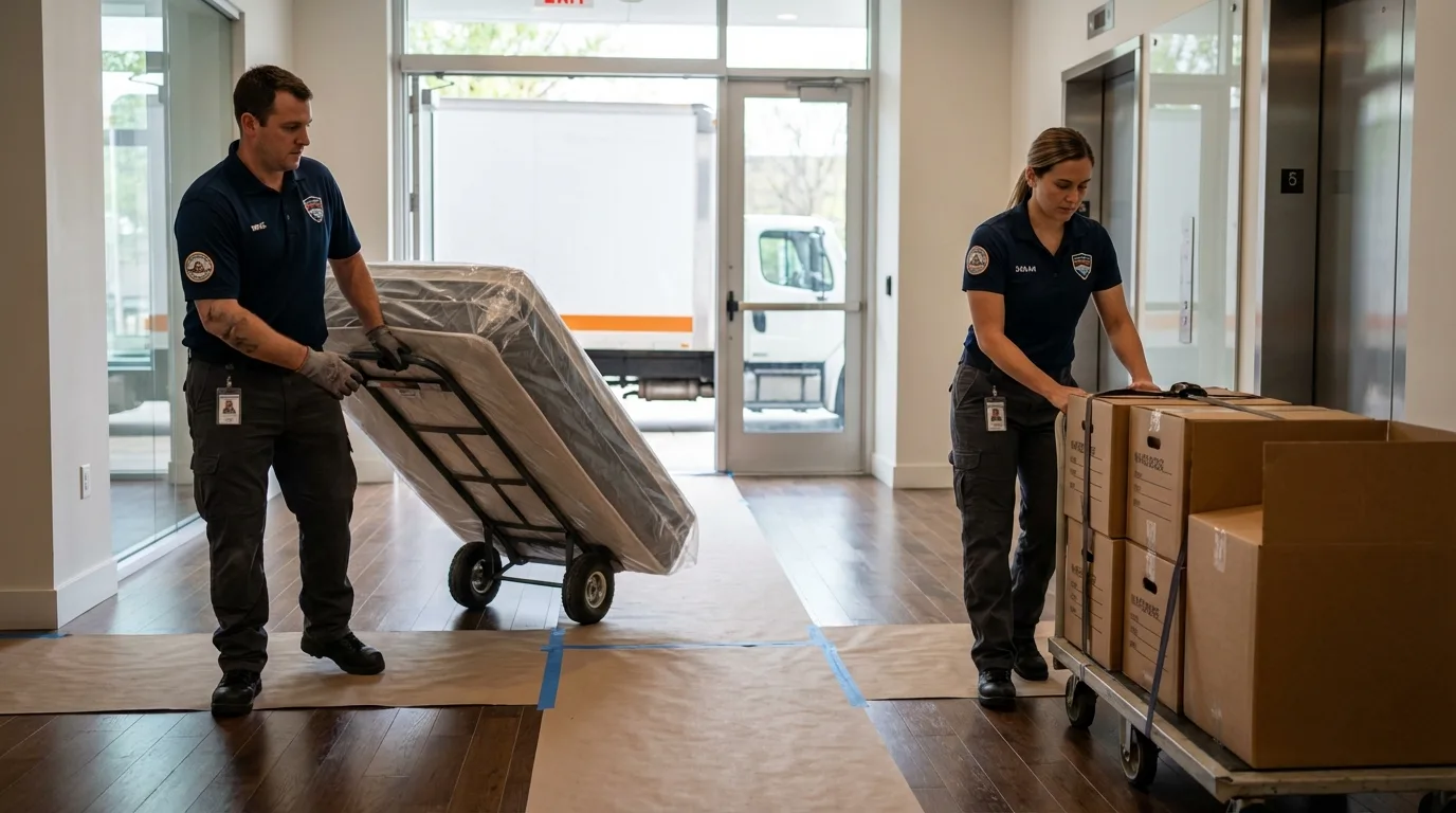 Professional apartment movers loading elevator in Mohave Valley, AZ